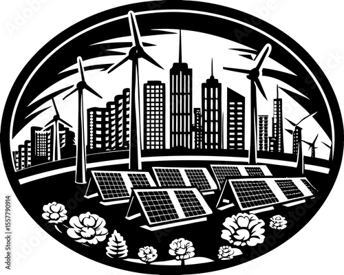 Circular black and white illustration of a sustainable city showing wind turbines solar panels and urban buildings.