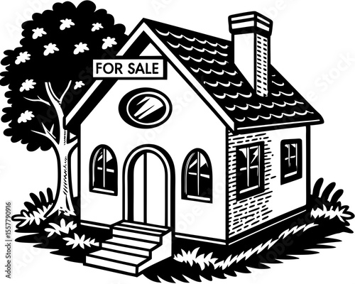 Classic black and white illustrated house for sale with a tree beside it to represent home ownership real estate or property.