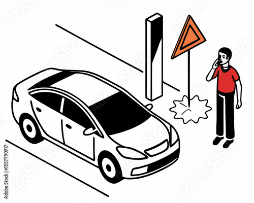 Car accident scene isometric vector illustration depicting a man calling emergency services near road hazards