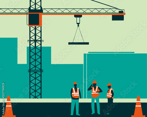 Construction site scene depicting crane and workers with safety equipment, suitable for various project applications.
