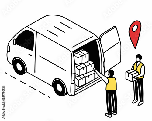 Delivery service illustration of a van loading packages with workers and a red location pin with white background.