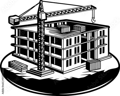 Construction site with building under construction and a crane in a black and white line art style.