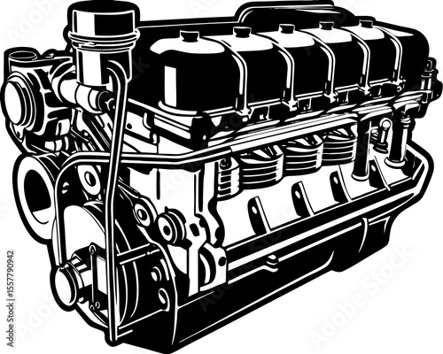 Detailed black and white vector illustration of a powerful internal combustion engine for automobiles and automotive designs