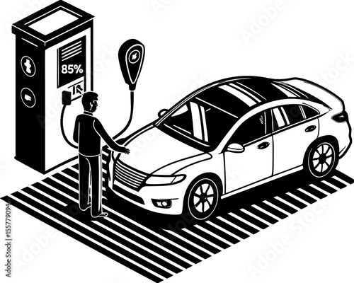 Electric car charging station with a person plugging in the cable to a modern vehicle for renewable energy.