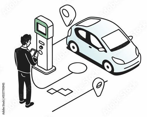 Electric vehicle charging station illustrated concept depicting modern green transportation and digital application usage