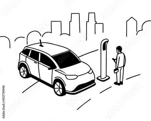 Electric vehicle charging station illustration showing a person using mobile device with car and cityscape outline on white background