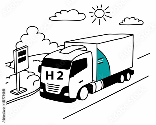 Hydrogen fuel cell truck illustration on white background representing green transportation and sustainable logistics concept