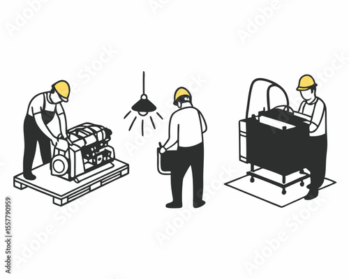 Illustration of engineers in protective gear working with machinery in an industrial environment suitable for various design projects