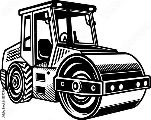 Illustrated monochrome rendering of a road roller construction equipment in a bold and detailed vector art design