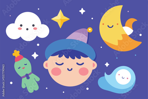 A cartoon illustration of a baby boy sleeping soundly under a starry Christmas night sky with a crescent moon