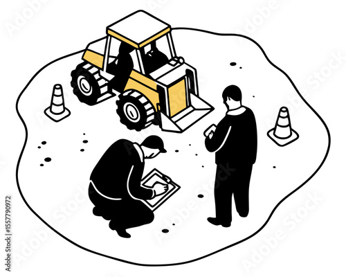 Isometric illustration depicting construction workers assessing plans near a yellow excavator with traffic cones on a transparent background.