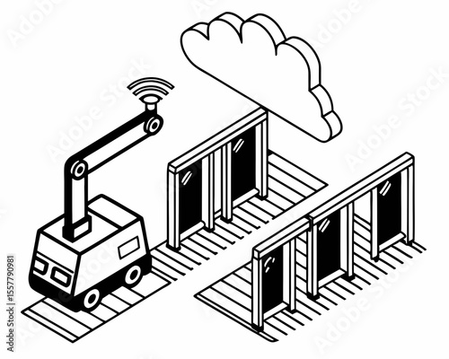 Modern technological illustration featuring an isometric robot cloud and building concept outline for contemporary digital designs