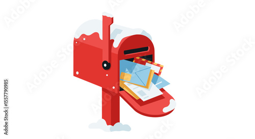 A red mailbox overflowing with letters and snow on top creating a festive winter scene outdoors