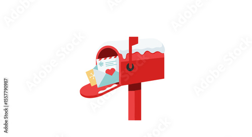 Illustration of a red mailbox with snow on top and letters inside including one with a heart design