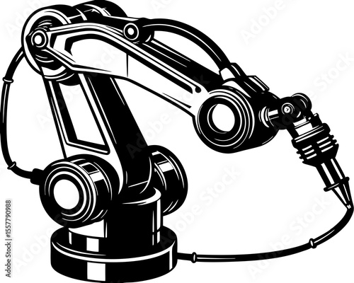 Monochrome illustration of a robotic arm with multiple articulated joints in a clean and minimalistic art style design.