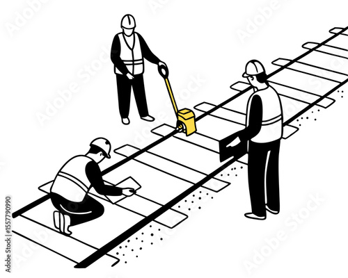 Railway track maintenance team working on construction measuring and assessing a railroad on a white background