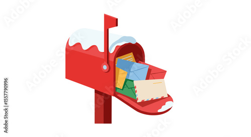 Red mailbox overflowing with colorful letters and covered in snow on a white background design