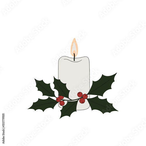 A white candle with a flickering flame is decorated with holly leaves and red berries for the holidays