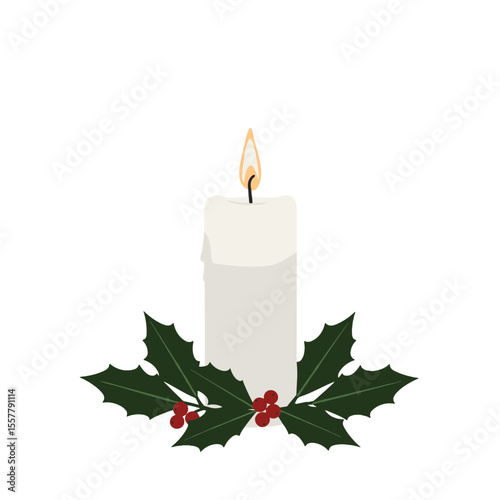 A festive white candle with a flickering flame surrounded by vibrant green holly leaves and red berries