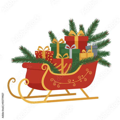 Red christmas sleigh filled with colorful presents and evergreen branches illustration image view