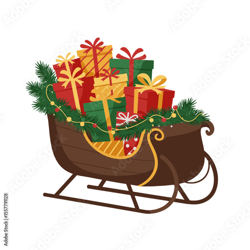 A festive sleigh overflowing with colorful christmas gifts and adorned with garland and christmas lights