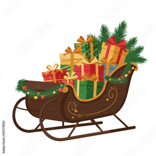 A festive sleigh overflowing with colorful christmas presents and evergreen branches for the holidays