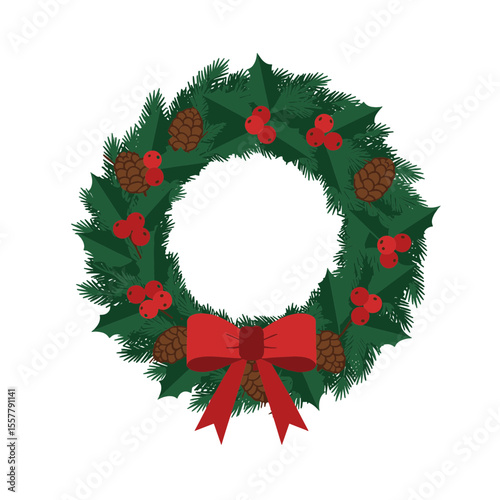 Festive christmas wreath with holly berries pine cones and a bright red bow for holiday decoration