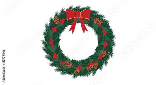 Festive christmas wreath with pine cones red berries and a red bow holiday decoration one hundred chars