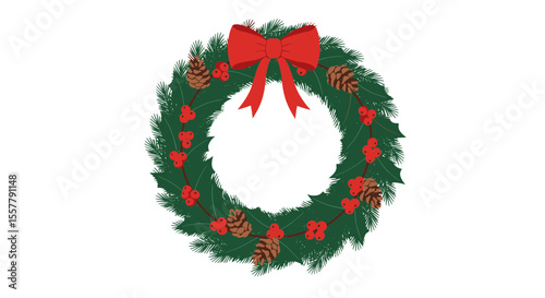 Illustration of a christmas wreath with pine cones red berries and a red bow at the top center