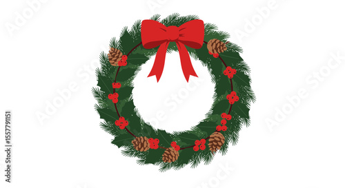 Festive christmas wreath with a red bow pinecones and berries for holiday decoration and celebration
