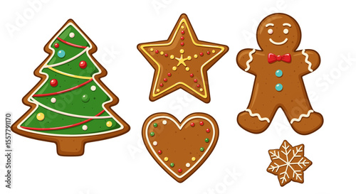 Illustration of christmas gingerbread cookies including a tree star heart and gingerbread man shape