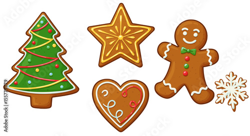 Illustration of christmas gingerbread cookies in various shapes on a white background image view