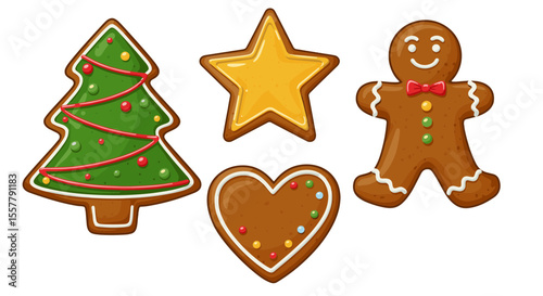 A collection of christmas gingerbread cookies including a tree star heart and gingerbread man design