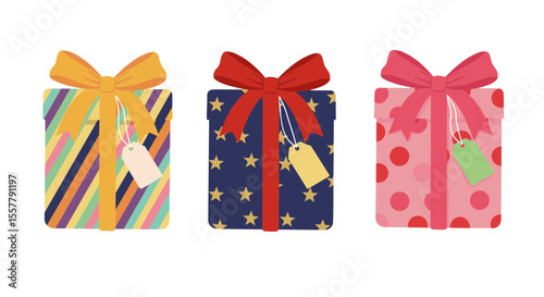 Three colorful gift boxes with bows and tags arranged in a row on a white background design