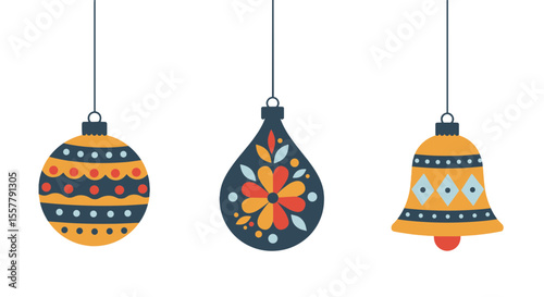Three decorative christmas ornaments hanging with intricate patterns and bright colors for the holidays