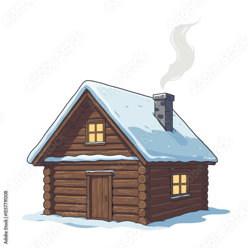 Illustration of a cozy log cabin with snow on the roof and smoke coming from the chimney in winter