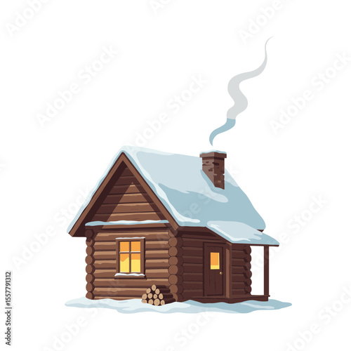 Illustration of a cozy log cabin with snow on the roof and smoke coming from the chimney in winter