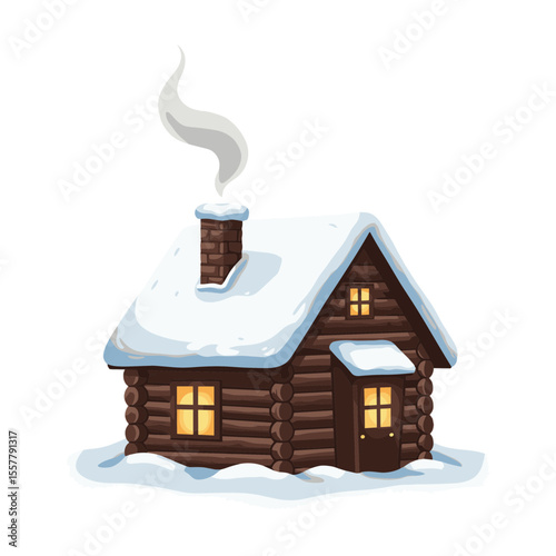 Illustration of a cozy log cabin covered in snow with smoke coming from the chimney on a winter day