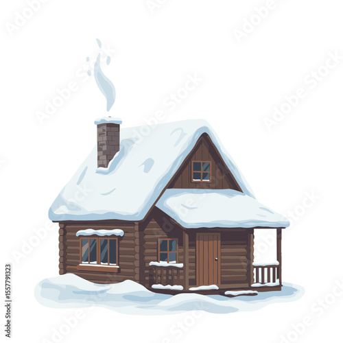 A cozy wooden cabin covered in snow with smoke rising from the chimney on a winter day scene image
