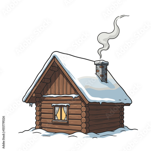 Illustration of a snow covered log cabin with smoke coming from the chimney on a white background