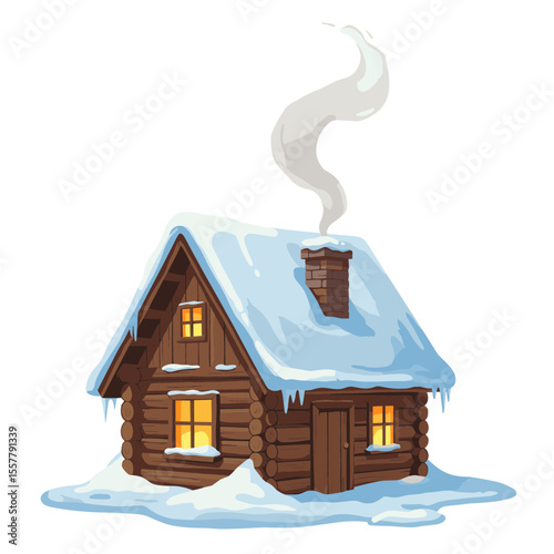 Illustration of a cozy log cabin covered in snow with smoke rising from the chimney in winter scene