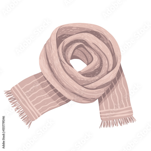 A cozy light pink scarf with stripes and fringe is neatly coiled on a plain white background space here