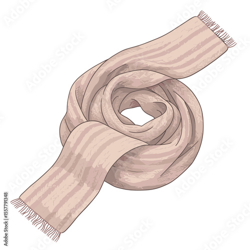 Illustration of a light pink striped scarf twisted into a circular shape on a white background view