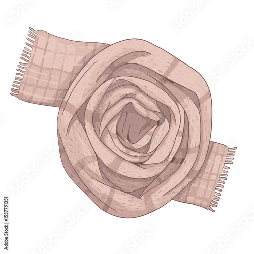 A beautifully draped scarf forming a rose like shape with visible fringes and a subtle plaid pattern design