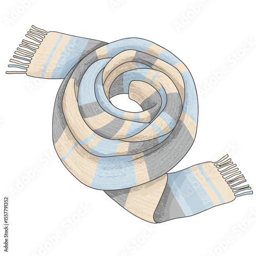 Illustration of a striped scarf coiled in a circular shape with fringes at both ends on a white background