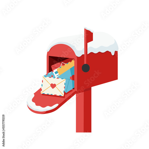 Illustration of a red mailbox covered in snow and filled with letters and envelopes inside it nicely