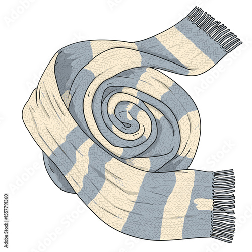 Illustration of a striped scarf rolled up in a spiral with visible fringe on both ends of the scarf