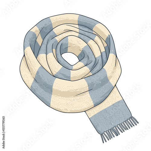 Illustration of a neatly coiled scarf with light blue and cream squares and fringe on a white background
