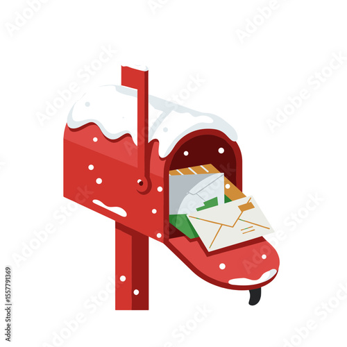 Red mailbox covered in snow filled with letters and envelopes on a white isolated background scene