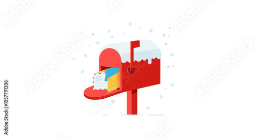 Red mailbox filled with letters covered in snow during a winter snowfall on a white background scene